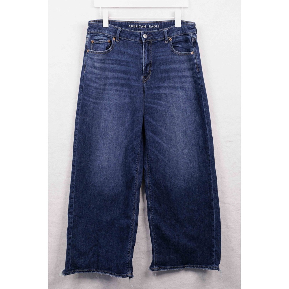 AMERICAN EAGLE Low-Rise Baggy Wide Leg Jeans Raw Hem Stretch Dark Wash Sz 10